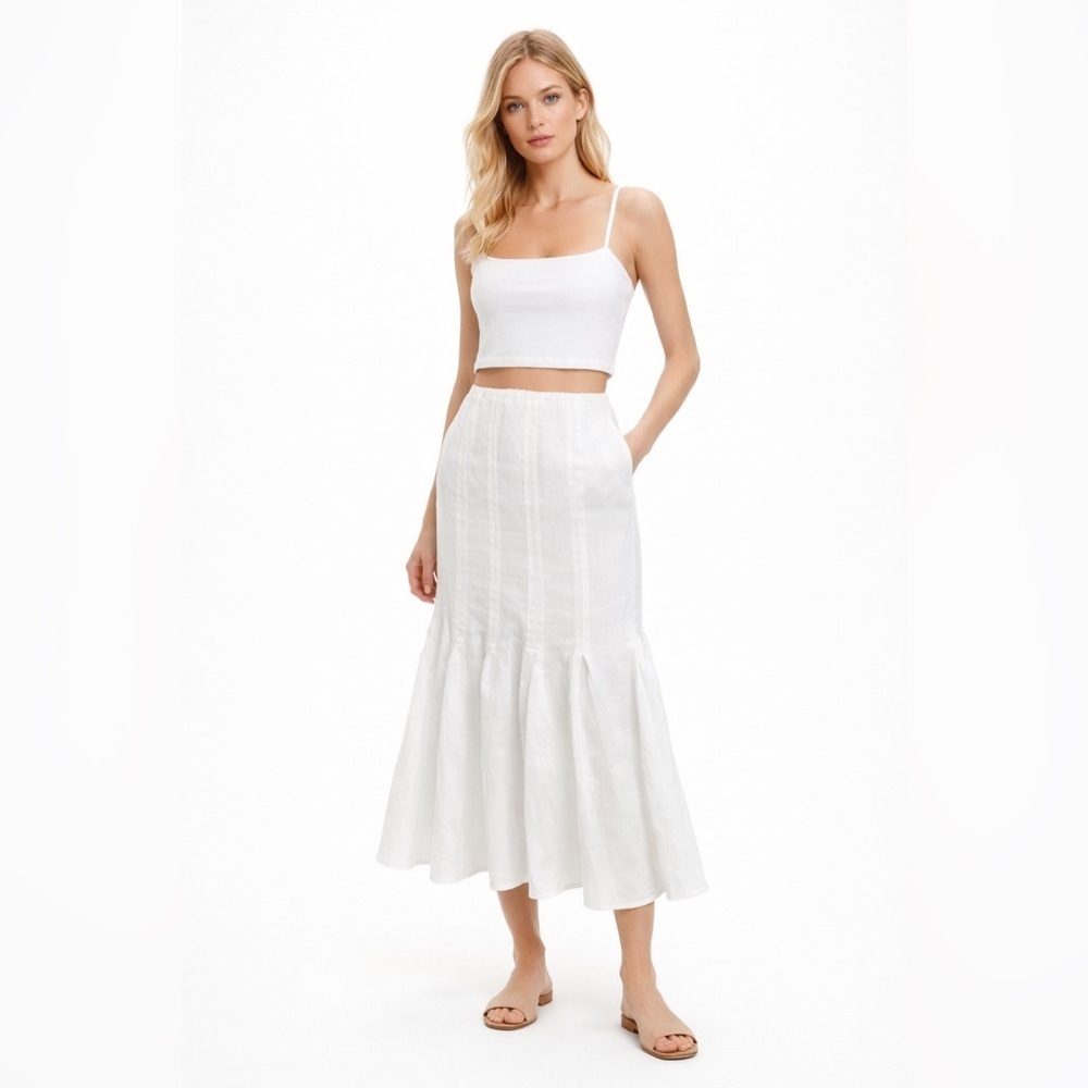 100% Capri Italian Linen Fitted & Flared White Midi Skirt – Size S NWOT